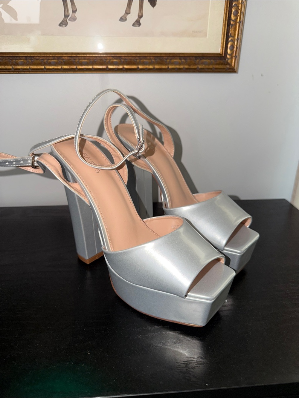 Metallic Silver Platform Block-Heel Sandals with Ankle Strap